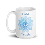 Load image into Gallery viewer, Goddess Swag I am Truth 5th throat Chakra with Mandala and Ceramic white coffee mug 15 ounce blue writing
