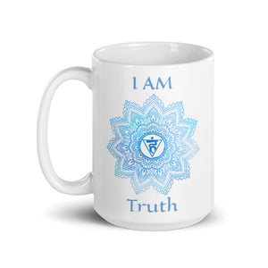 Goddess Swag I am Truth 5th throat Chakra with Mandala and Ceramic white coffee mug 15 ounce blue writing