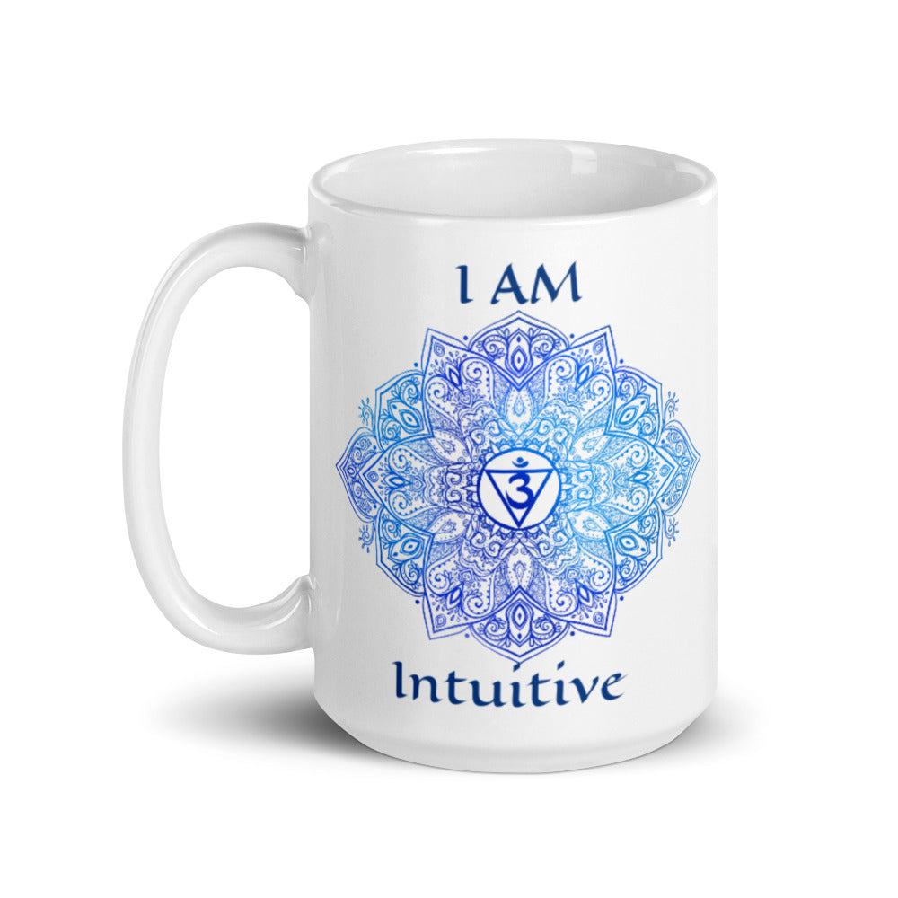 Goddess Swag I am intuitive third eye 6th Chakra with Mandala and Om Symbol Ceramic coffee mug 15 ounce