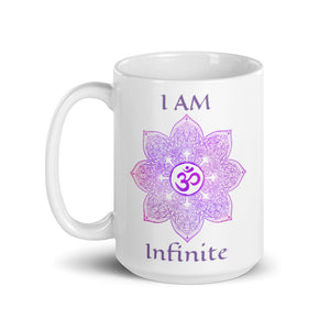 Goddess Swag I am infinite Crown 7th Chakra with Mandala and Om Symbol Ceramic coffee mug 15 ounce