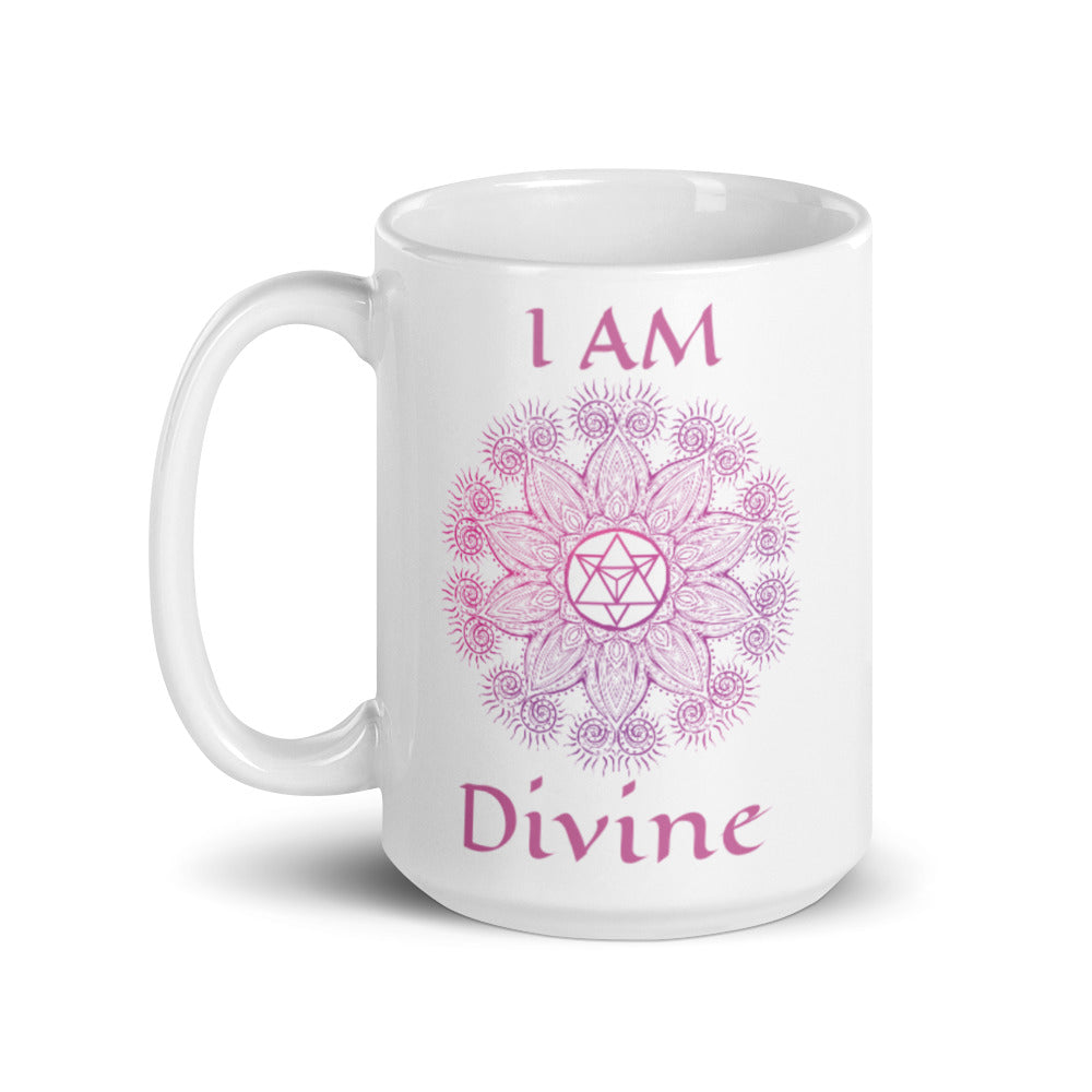 Goddess Swag I am divine Soul Star Chakra Mandala star tetrahedron Ceramic white coffee mug 15 ounce. Design and writing are violet in color