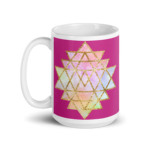 Goddess Swag Cosmic Powers Sri Yantra Ceramic Coffee Mug with Dark Pink Background 15 oz.