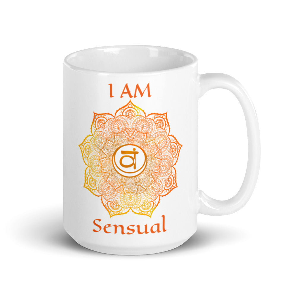 Goddess Swag I am Sensual Sacral 2nd Chakra with Mandala and Ceramic white coffee mug 15 ounce orange writing