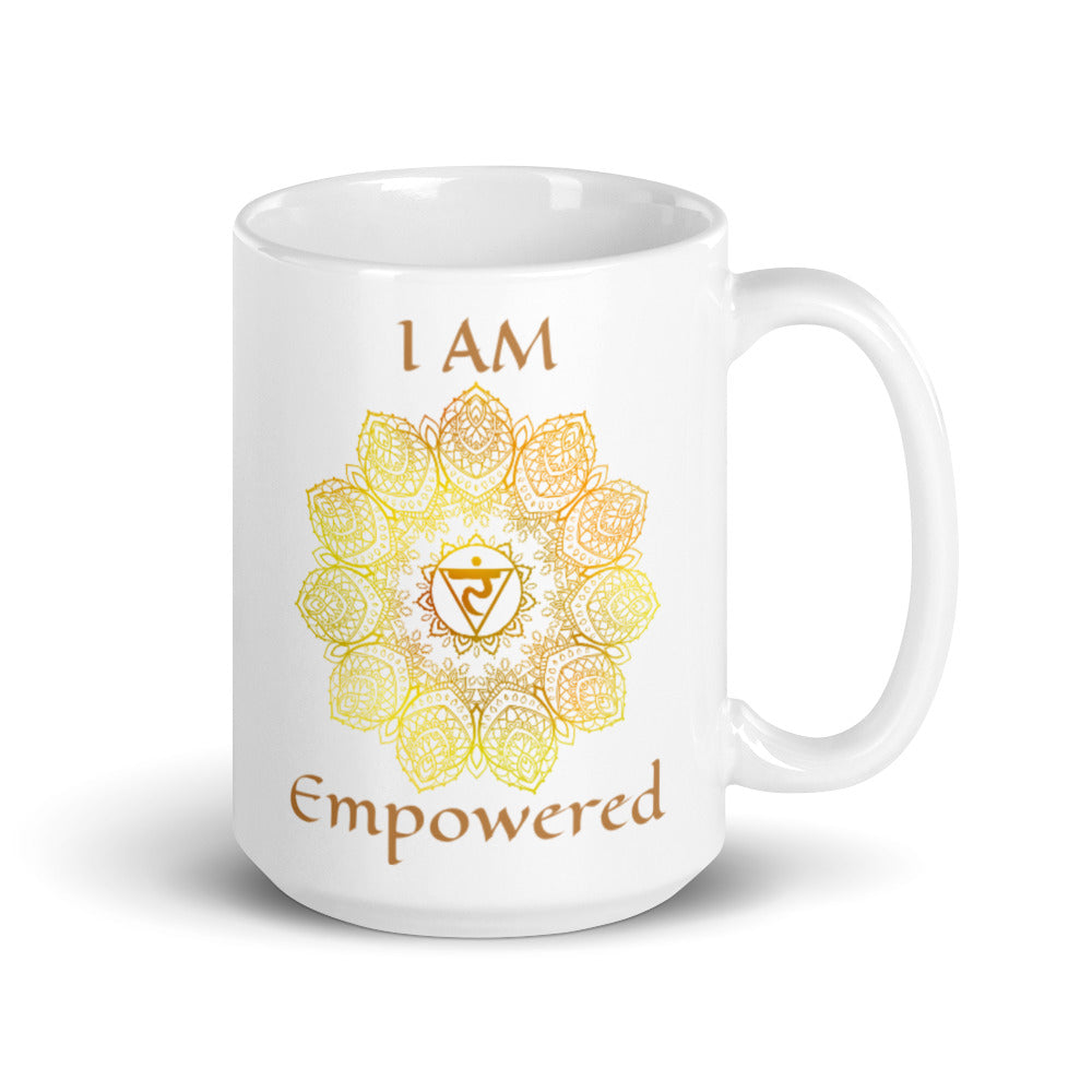 Goddess Swag I am Empowered 3rd Solar Plexus Chakra with Mandala and Ceramic white coffee mug 15 ounce yellow writing