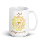 Load image into Gallery viewer, Goddess Swag I am Empowered 3rd Solar Plexus Chakra with Mandala and Ceramic white coffee mug 15 ounce yellow writing
