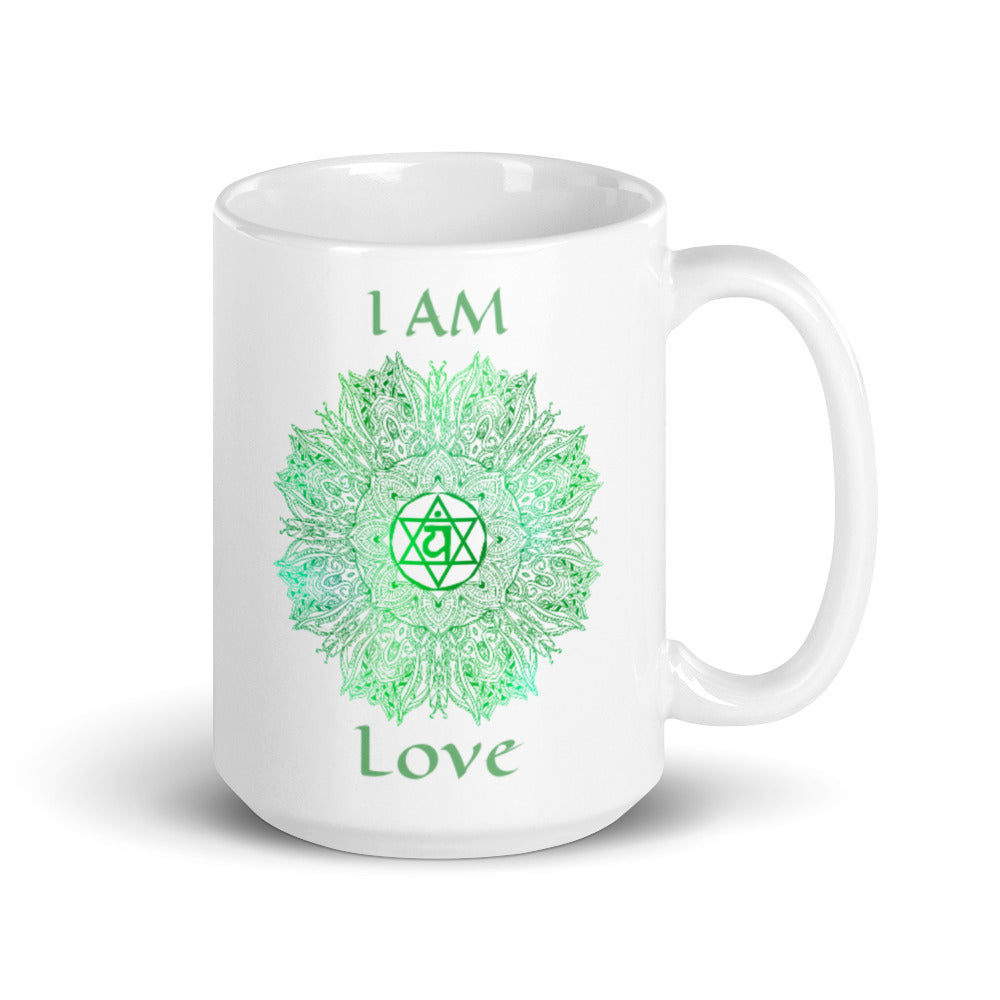 Goddess Swag I am Truth 4th heart Chakra with Mandala and Ceramic white coffee mug 15 ounce green writing