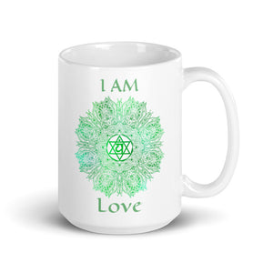 Goddess Swag I am Truth 4th heart Chakra with Mandala and Ceramic white coffee mug 15 ounce green writing