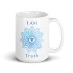 Load image into Gallery viewer, Goddess Swag I am Truth 5th throat Chakra with Mandala and Ceramic white coffee mug 15 ounce blue writing
