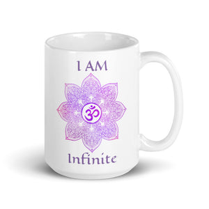 Goddess Swag I am infinite Crown 7th Chakra with Mandala and Om Symbol Ceramic coffee mug 15 ounce