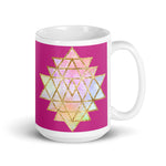 Load image into Gallery viewer, Goddess Swag Cosmic Powers Sri Yantra Ceramic Coffee Mug with Dark Pink Background 15 oz.
