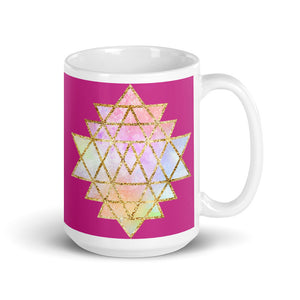 Goddess Swag Cosmic Powers Sri Yantra Ceramic Coffee Mug with Dark Pink Background 15 oz.
