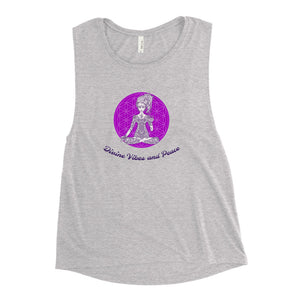 Goddess Swag Divine Vibes and Peace Ladies Heathered Grey  Muscle Tank with purple flower of life and goddess sitting cross legged giving peace sign with left hand