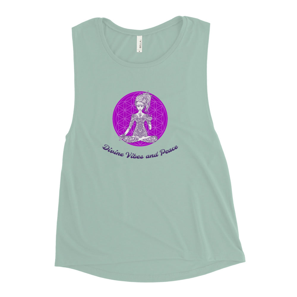Goddess Swag Divine Vibes and Peace Ladies baby blue Muscle Tank with purple flower of life and goddess sitting cross legged giving peace sign with left hand