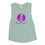 Load image into Gallery viewer, Goddess Swag Divine Vibes and Peace Ladies baby blue Muscle Tank with purple flower of life and goddess sitting cross legged giving peace sign with left hand
