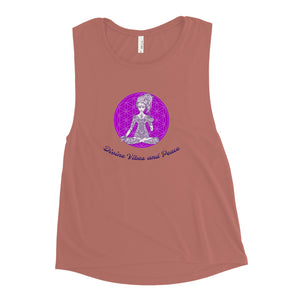 Goddess Swag Divine Vibes and Peace Ladies Mauve Muscle Tank with purple flower of life and goddess sitting cross legged giving peace sign with left hand