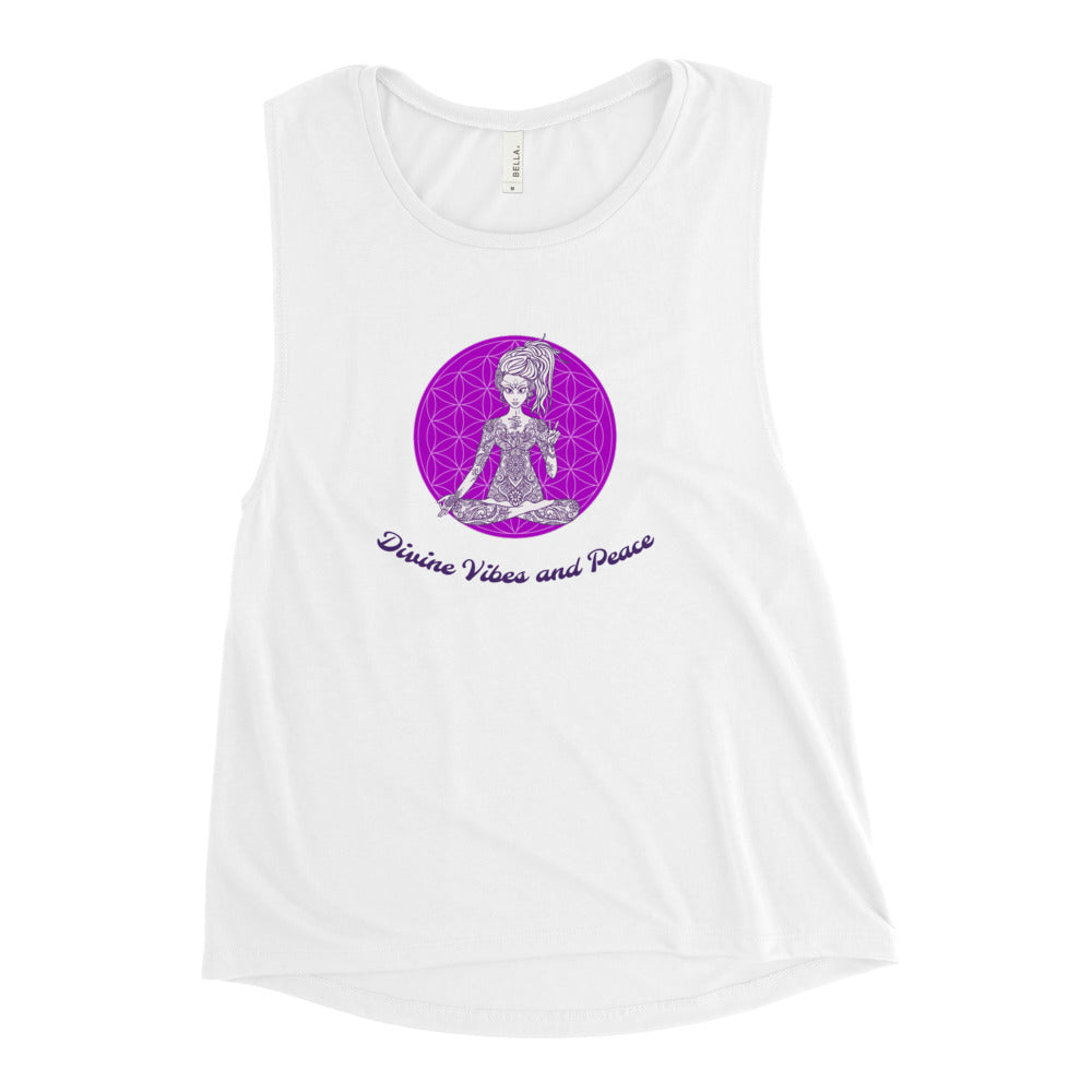 Goddess Swag Divine Vibes and Peace Ladies White Muscle Tank with purple flower of life and goddess sitting cross legged giving peace sign with left hand